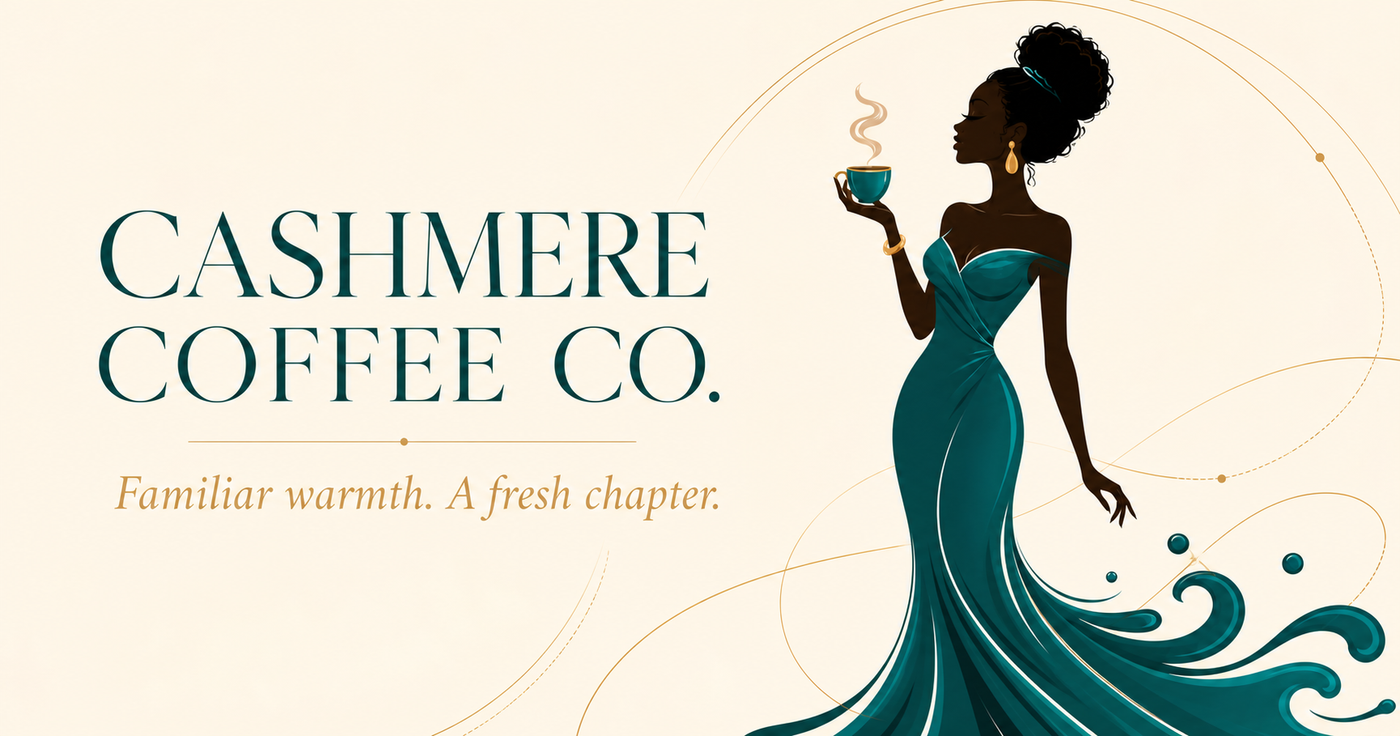 Elegant woman in a flowing teal gown holding a steaming cup of coffee